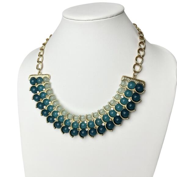Talbots Beaded Bib Necklace Blue Green Clear Rhinestone Accents Gold Tone Chain - Picture 2 of 13